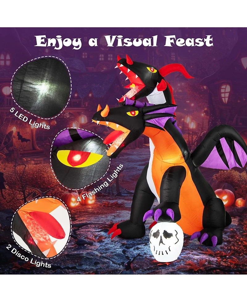 8 Ft Inflatable Twin-Headed Dragon Decoration Giant Halloween Inflatables with 5 Led Lights 4 Flashing Lights & 2 Disco Lights