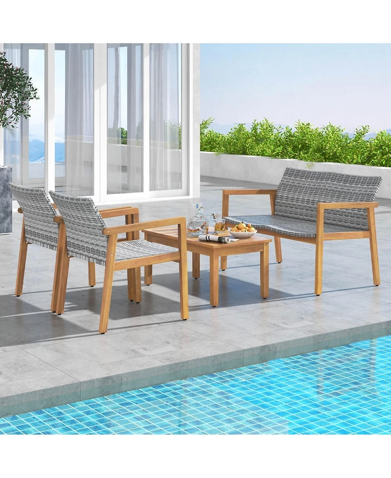 5 Pcs Outdoor Furniture Set Rattan Chairs & Ottomans with Glass Topped Coffee Table