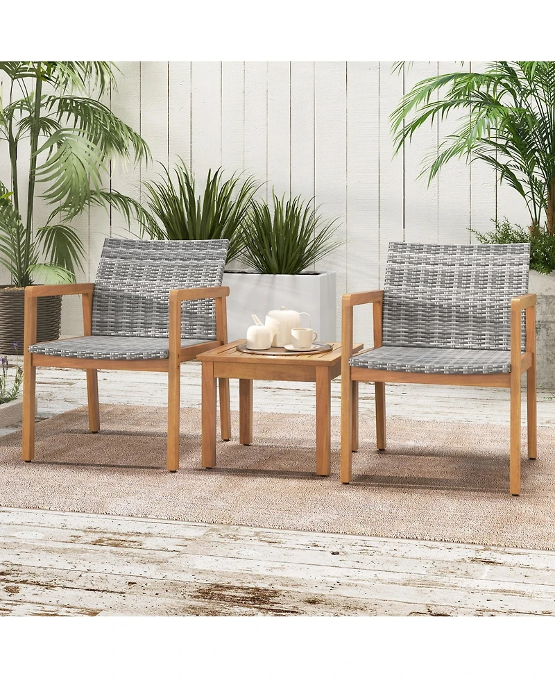 Costway 3 Pcs Outdoor Furniture Set, Acacia Wood Frame Sofa Set with Rattan Seat