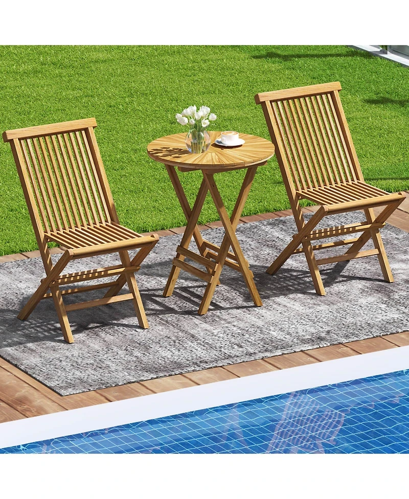 3 Pcs Folding Patio Bistro Set Teak Wood Round Table and Chairs Furniture Set