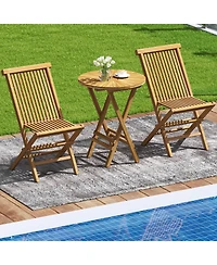 3 Pcs Folding Patio Bistro Set Teak Wood Round Table and Chairs Furniture Set