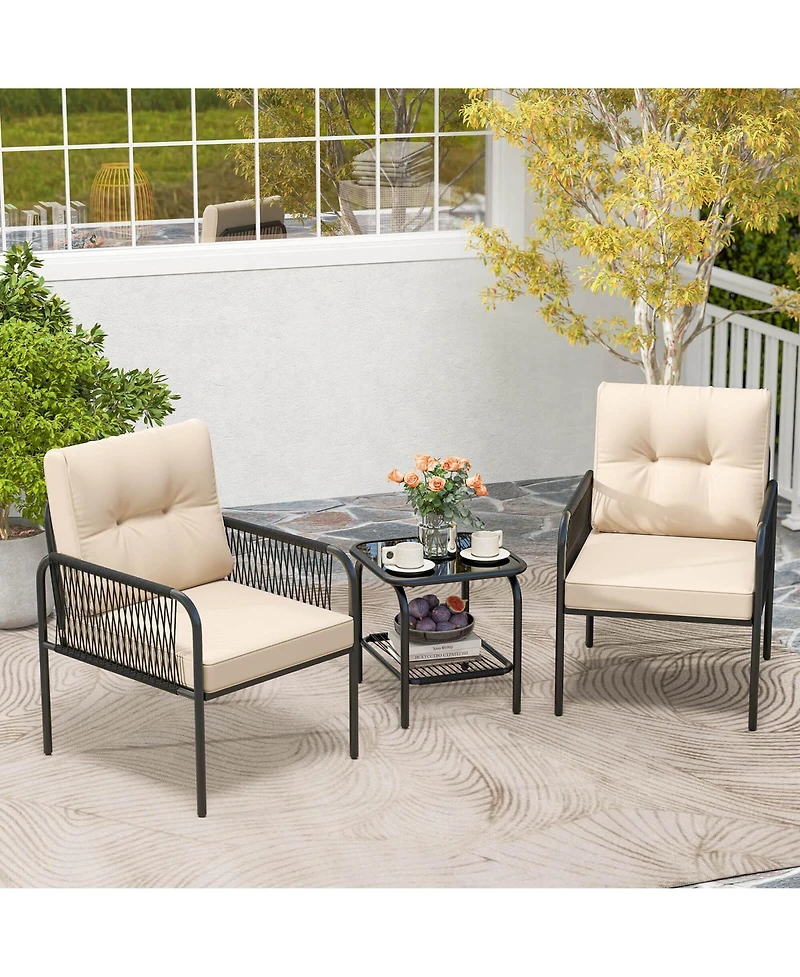 3 Pcs Patio Bistro Set with Tempered Glass Table Chairs Back and Seat Cushions