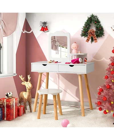 Costway Kid Vanity Table Chair Set with Mirror Large Storage Drawers Wooden Legs