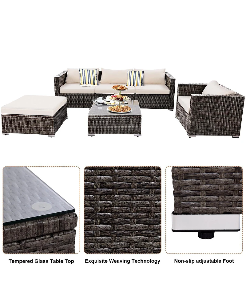 6PC Furniture Set Patio Sofa Pe Gray Rattan Couch 2 Set Cushion Covers