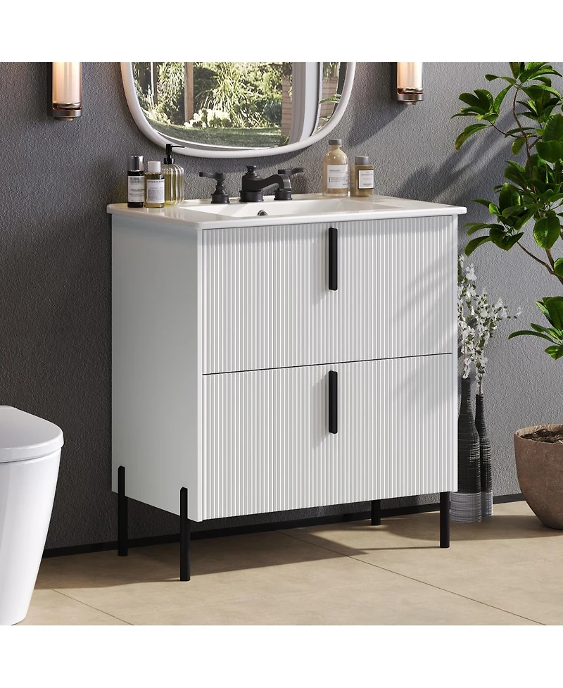Sillysis 30" Bathroom Vanity with Sink, Modern Fluted Mdf Cabinet, Full-Extension Soft Close Drawers for Small Spaces