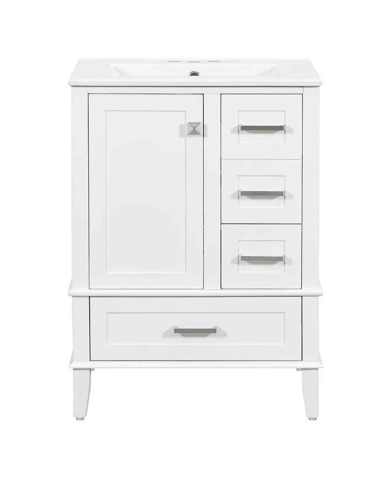 Sillysis 24.8" Bathroom Vanity with Ceramic Sink, Modern Freestanding Solid Wood Mdf Cabinet, 3 Drawers Soft Close Door for Small Spaces
