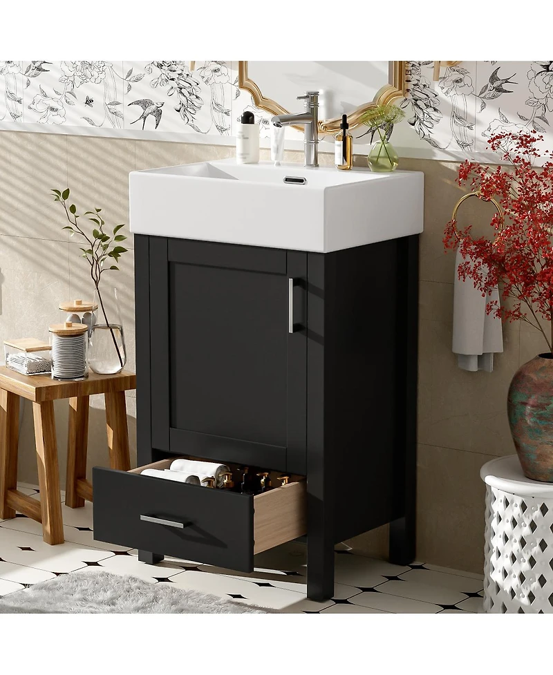 Sillysis 20" Modern Bathroom Vanity with Ceramic Sink, Solid Wood Frame & Drawer for Small Spaces