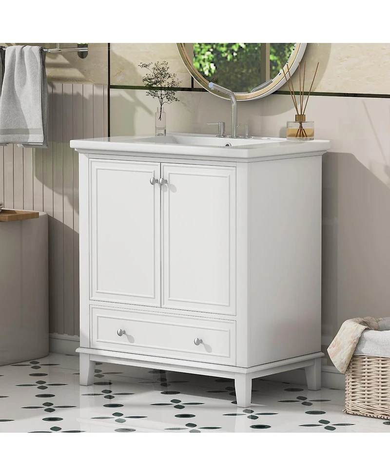 Sillysis Bathroom Vanity with Ceramic Sink, Adjustable Shelf, Multi-Functional Storage, Solid Wood & Mdf
