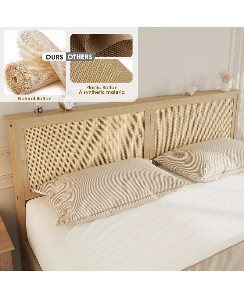 gaomon Queen Platform Bed Rattan Headboard Led Storage Baskets Farmhouse Metal Frame Noise-Free Wooden Slats No Box Spring