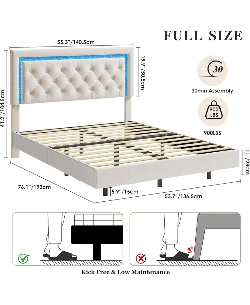 gaomon Floating Bed Frame with Smart Led Lights, Upholstered Platform Diamond Headboard, Solid Wood Slats Support