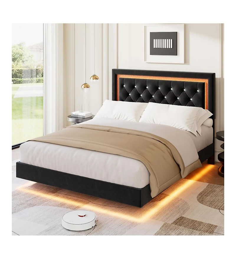 gaomon Floating Bed Frame with Smart Led Lights, Upholstered Platform Bed with Diamond Headboard, Solid Wood Slats Support