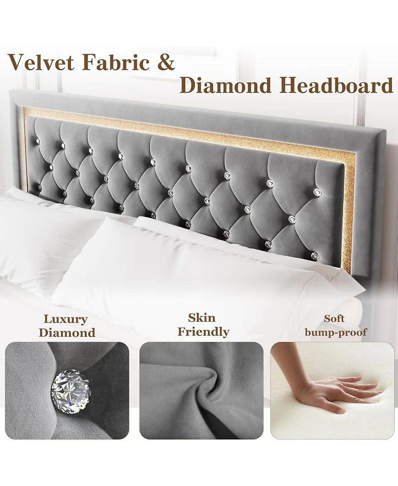 gaomon Floating Bed Frame with Smart Led Lights, Upholstered Platform Diamond Headboard, Solid Wood Slats Support