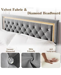 gaomon Floating Bed Frame with Smart Led Lights, Upholstered Platform Diamond Headboard, Solid Wood Slats Support