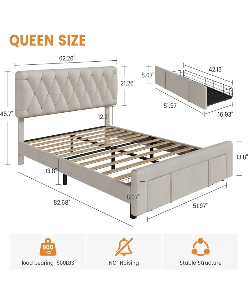 gaomon Upholstered Platform Bed Frame with Storage Drawers, Mattress Foundation Solid Wooden Slats Support