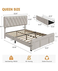 gaomon Upholstered Platform Bed Frame with Storage Drawers, Mattress Foundation Solid Wooden Slats Support