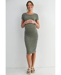 Hello Miz Women's Maternity Bodycon Ribbed Knit Short Sleeve Midi Dress