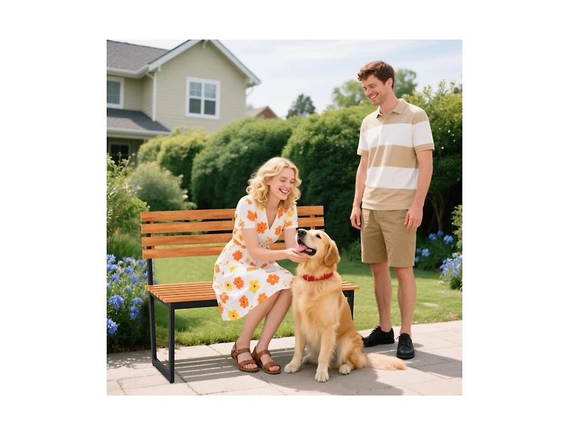 Slickblue Acacia Wood Outdoor Bench Loveseat with Backrest and Metal Frame