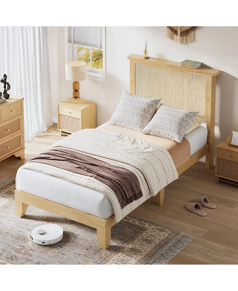 gaomon Rattan Bed Frame with Solid Wood Foundation & Natural Rattan Headboard and Led Lights