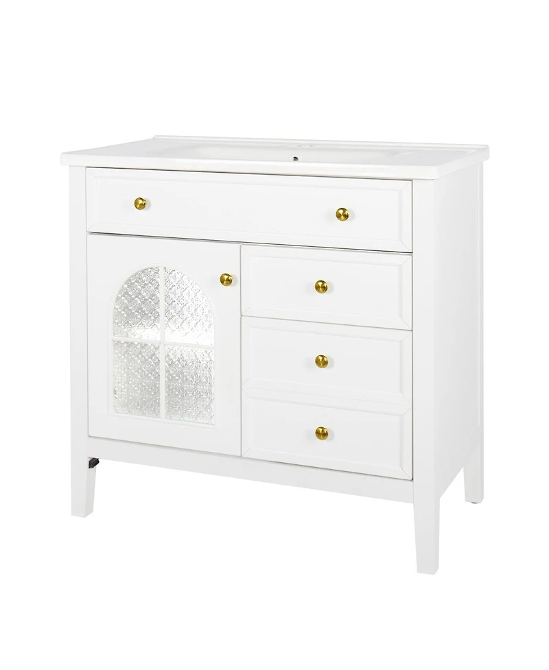 Sillysis Bathroom Vanity with Sink, Medieval Glass Doors, Motion Sensor Lighting, Flip Drawer & Adjustable Storage for Modern Homes
