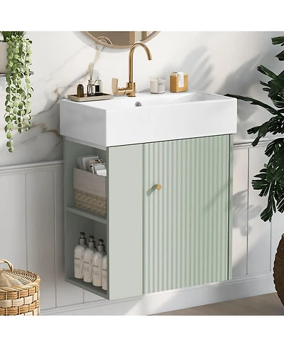 Sillysis Floating Bathroom Vanity with Ceramic Sink, Left Side Storage, Soft Close, Modern Wall Mounted Cabinet for Small Spaces