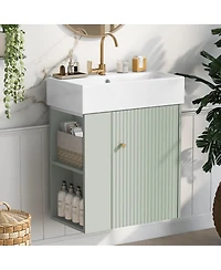Sillysis Floating Bathroom Vanity with Ceramic Sink, Left Side Storage, Soft Close, Modern Wall Mounted Cabinet for Small Spaces