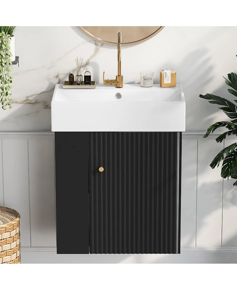 Sillysis Floating Bathroom Vanity with Ceramic Sink, Left Side Storage, Soft Close, Modern Wall Mounted Cabinet for Small Spaces