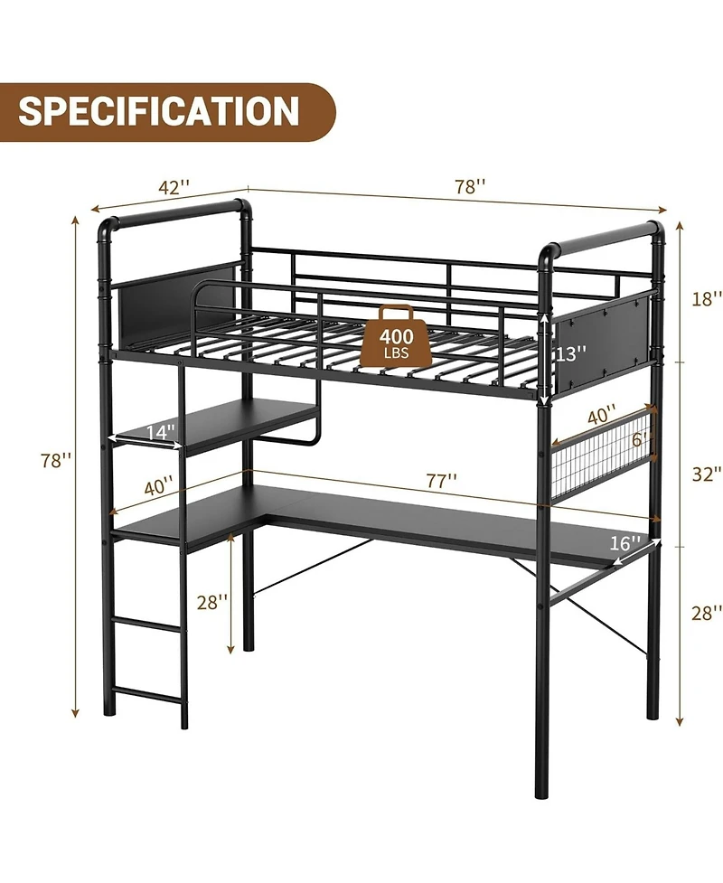 gaomon Loft Bunk Bed with L-Shaped Desk Twin Loft Under-Desk Workspace Metal Bunk Ladder High Guardrail Easy Assembly