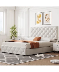 gaomon Upholstered Bed Frame with 4 Storage Drawers- Adjustable Diamond Tufted Headboard- No Box Spring Needed