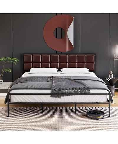 gaomon Metal Platform Bed Frame Faux Leather Headboard Strong Slats Support Underbed Storage No Box Spring Apartment Friendly