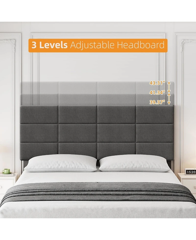 gaomonUpholstered Platform Bed Frame with 12-Panel Padded Headboard, Linen Fabric, Wood Slats Support, No Box Spring Needed, Quiet Structure