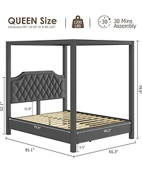 gaomon Upholstered Canopy Bed Frame Queen with headboard, Button Tufted, Nailhead Trim Design, No Box Spring Required