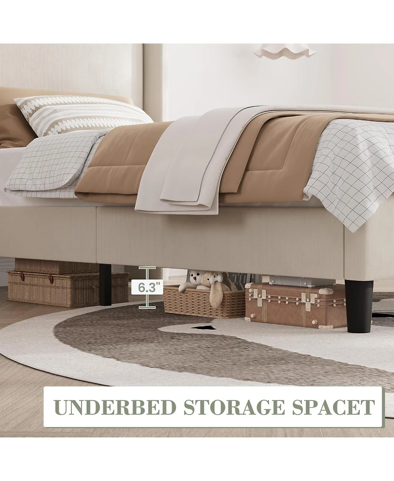 gaomon Wingback Bed Frame Vertical Stripe Velvet Upholstered 2 Storage Pockets Wood Slats Easy Assembly No Box Spring