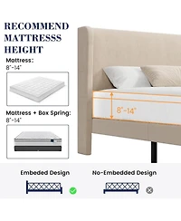 gaomon Wingback Bed Frame Vertical Stripe Velvet Upholstered 2 Storage Pockets Wood Slats Easy Assembly No Box Spring.