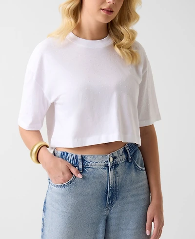 Guess Women's Rhinestone Embellished Crewneck Cropped T-Shirt