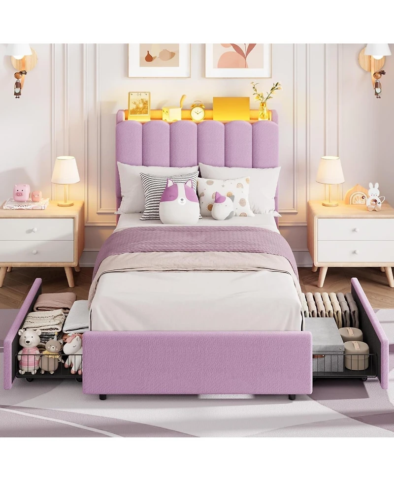 gaomon Upholstered Platform Bed Frame Wavy Headboard Storage Bookcase 2 Drawers No Box Spring.