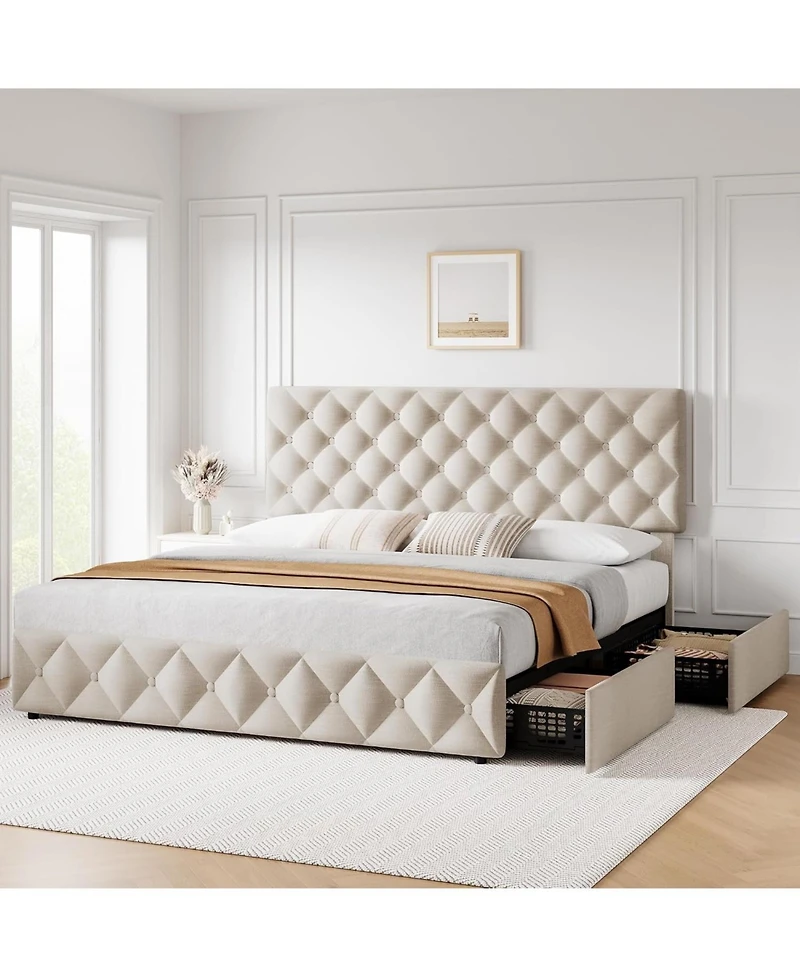 gaomon Queen Bed Frame 4 Storage Drawers Adjustable Headboard Upholstered Platform Diamond Tufted Easy Assembly No Box Spring
