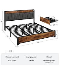 gaomon Linen Upholstered Platform Bed 4 Drawers Charging Station Vintage Headboard Wooden Slats No Box Spring Easy Assembly
