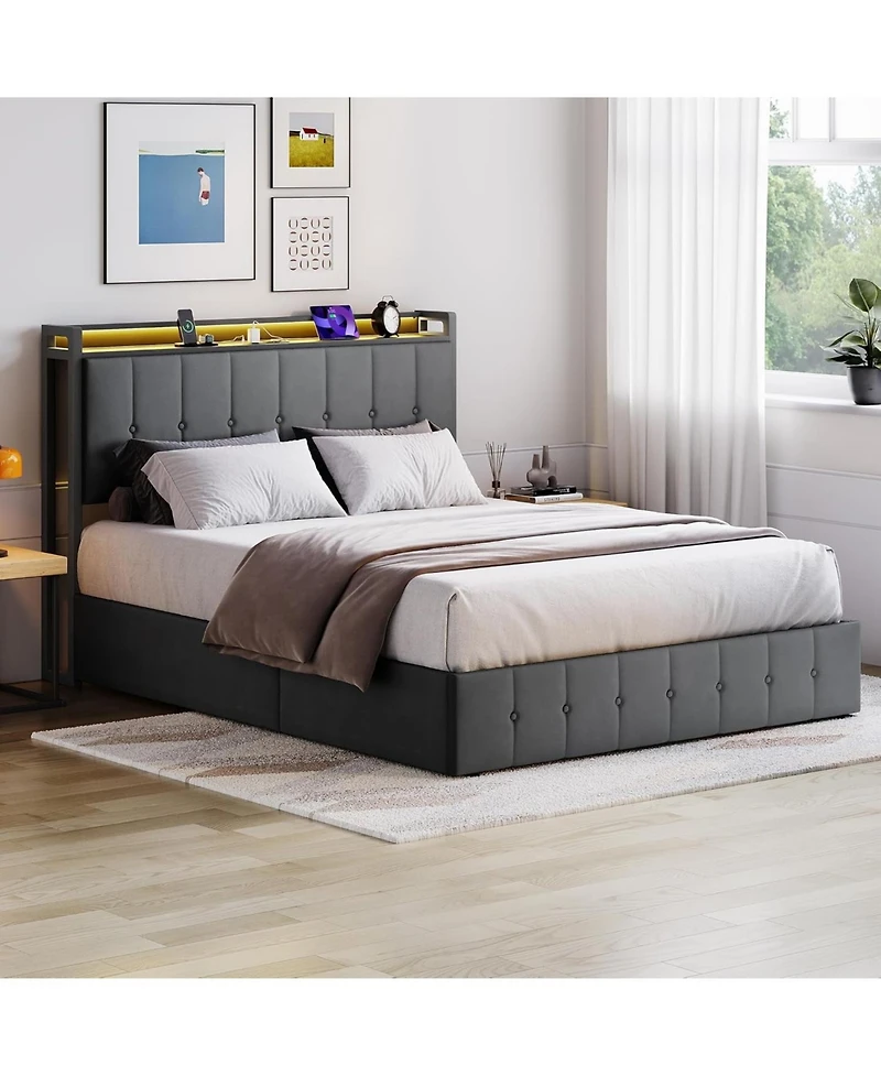 gaomon Bed Frame Lift-Up Storage Led Lights Upholstered Velvet Charging Headboard Metal Frame No Box Spring.
