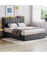 gaomon Bed Frame Lift-Up Storage Led Lights Upholstered Velvet Charging Headboard Metal Frame No Box Spring.