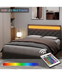 gaomon Upholstered Platform Bed with Led Headboard and Usb Charging- Fast-Charging Ports- No Box Spring Needed- Easy Assembly.
