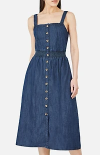 Yumi Women's Chambray Cotton Ruched Midi Sun Dress
