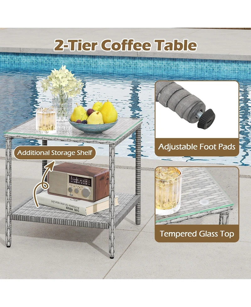 Gymax 3 Pieces Patio Furniture Set Pe Rattan Porch Chairs w/ 2-Tier Table