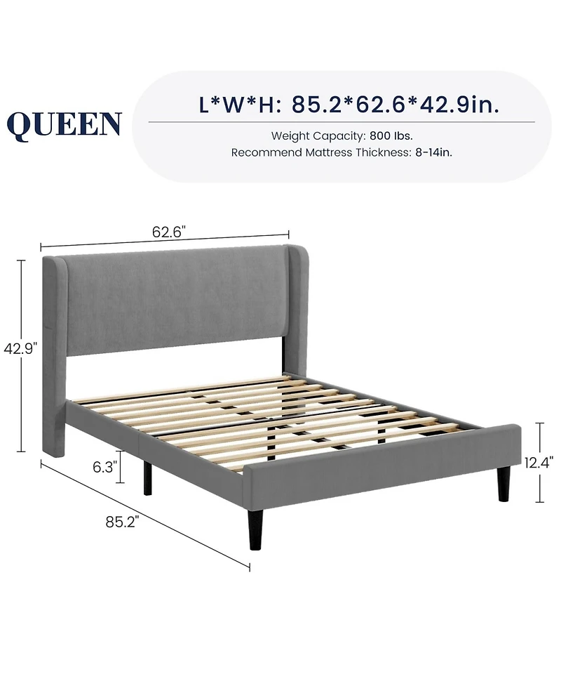 gaomon Queen Bed Frame with Headboard, Upholstered Platform Bed with Wood Slat Support, Sturdy Support Feet