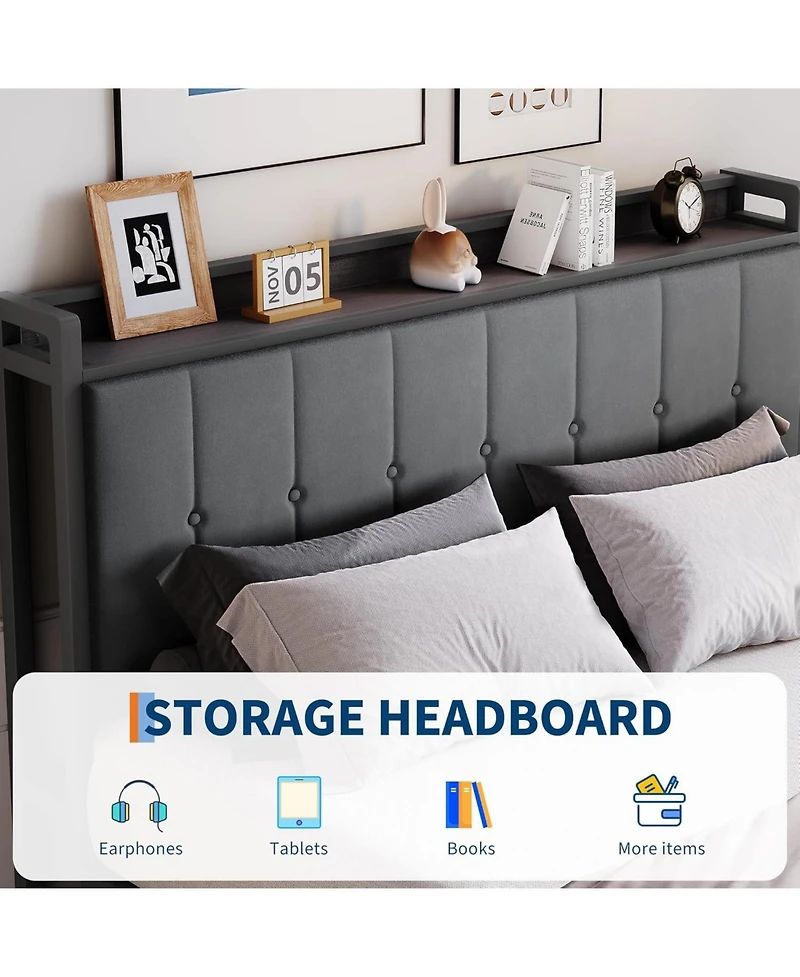 gaomon Bed Frame with Lift Up Storage, Upholstered Velvet Storage Headboard, Metal Platform Bed, Hydraulic Support