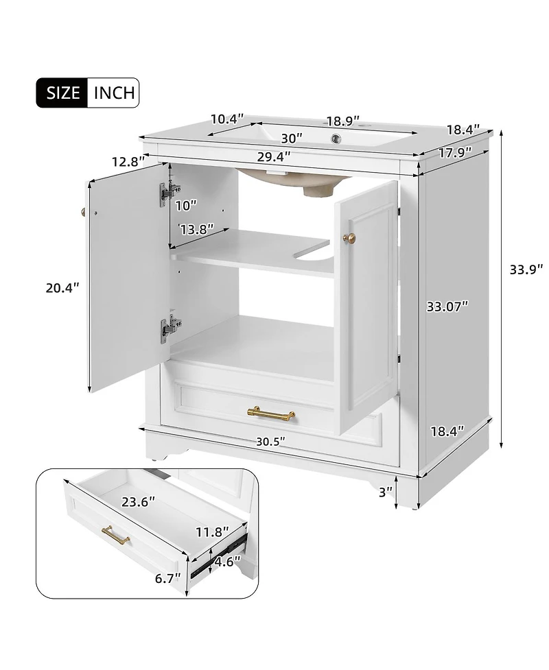 Sillysis 30 Bathroom Vanity with Ceramic Sink, Drawer & 2 Soft Close Doors, Adjustable Shelf Storage for Modern Bathrooms