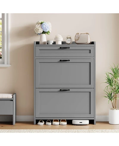 Homfan Shoe Cabinet with 2 Flip Drawers & 1 Top Drawer, Wooden Organizer Adjustable Shelf, Freestanding Storage Cabinets