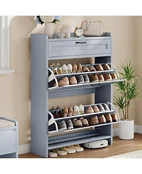 Homfan Shoe Cabinet with 2 Flip Drawers & 1 Top Drawer, Wooden Organizer Adjustable Shelf, Freestanding Storage Cabinets
