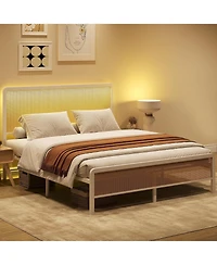 gaomon Queen Size Bed Frame with Led Rattan Headboard Heavy Duty Metal Slats Platform No Box Spring Easy Assembly