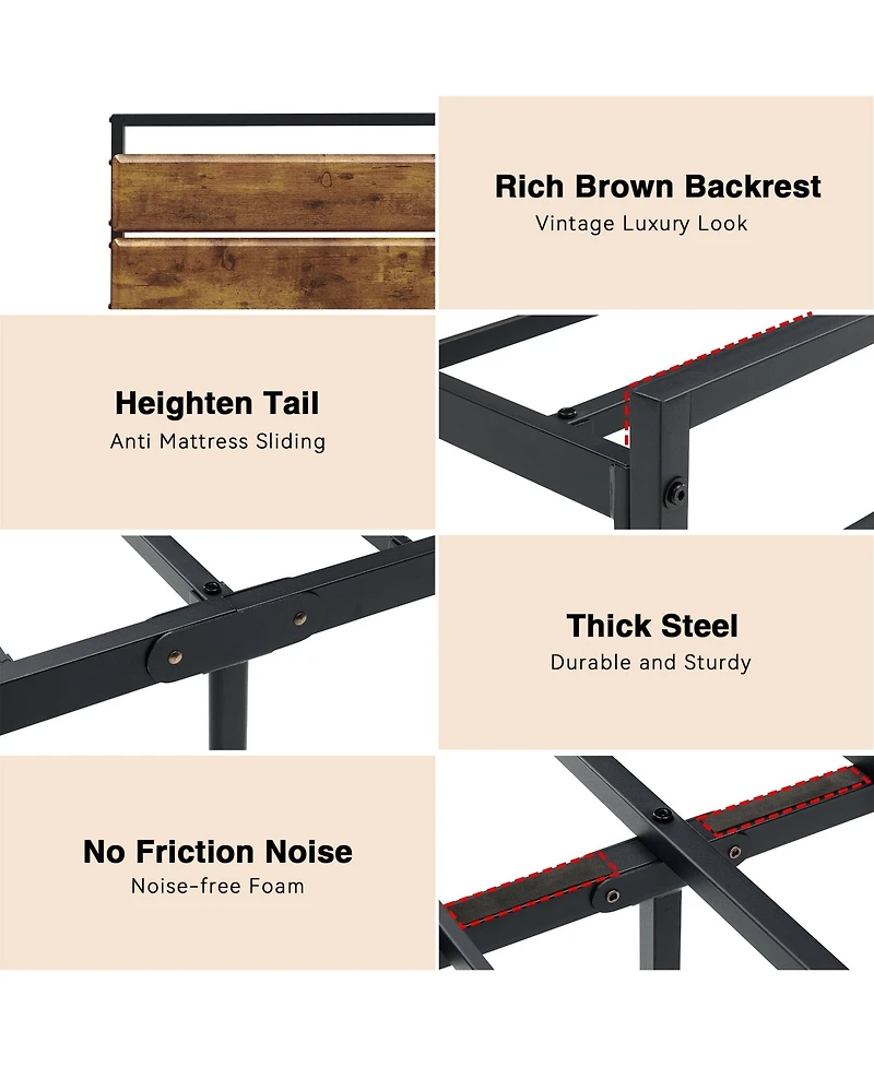 gaomon Industrial WoodandMetal Bed Frame- Storage Headboard Wooden Shelves No Box Spring Needed