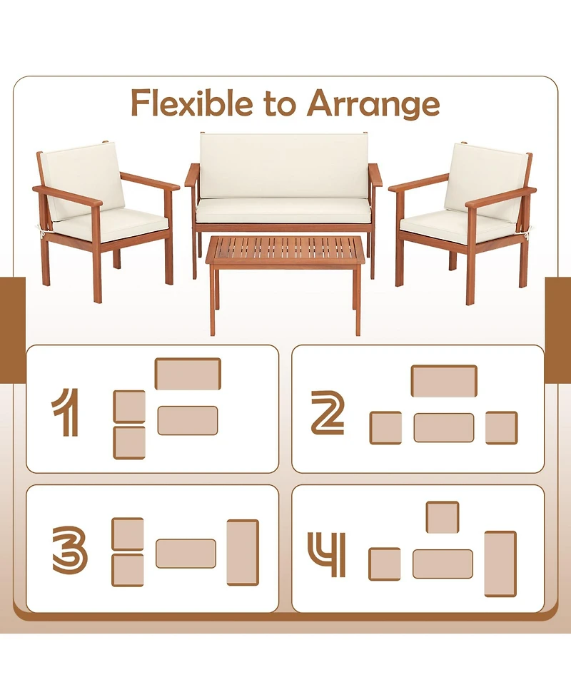 Gymax 4 Pieces Patio Furniture Set Acacia Wood Porch Chairs Table